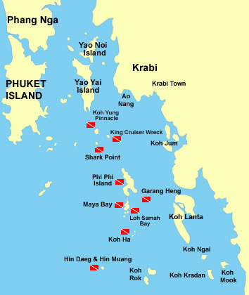 Карта дайвинг-спотов в окрестностях Краби
