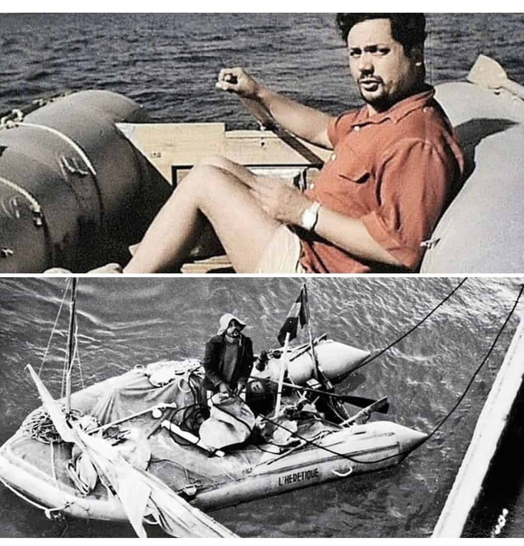 Ален Бомбар в своей лодке